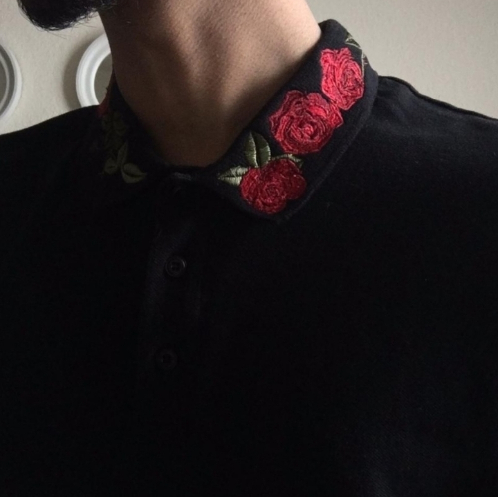 Zara Man Black Polo Shirt with Red Floral Collar Size S - Picture 2 of 5